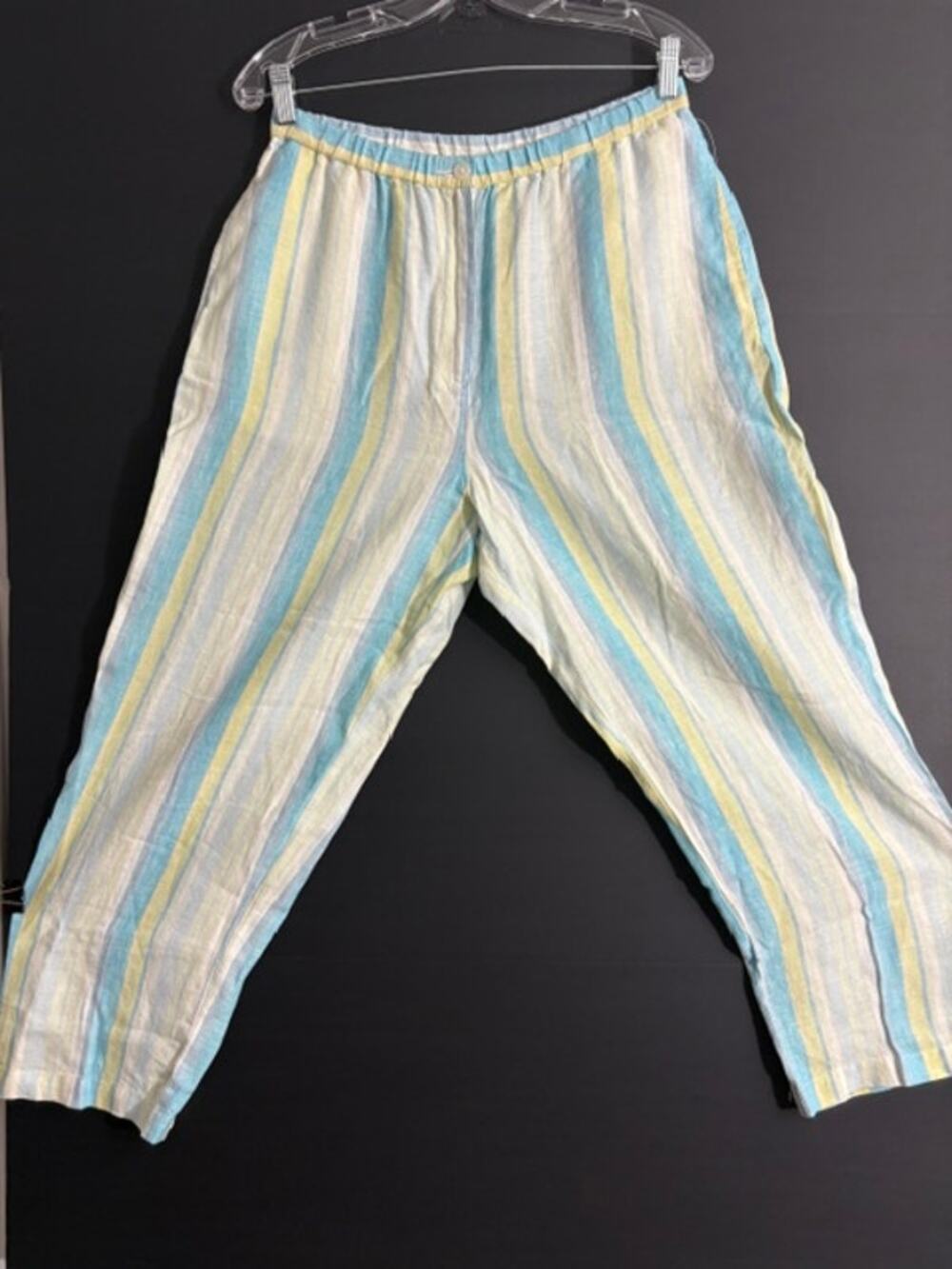 VTG Talbots 100% Irish Linen Striped Pants Womens 12 Pastel Blue Yellow Summer